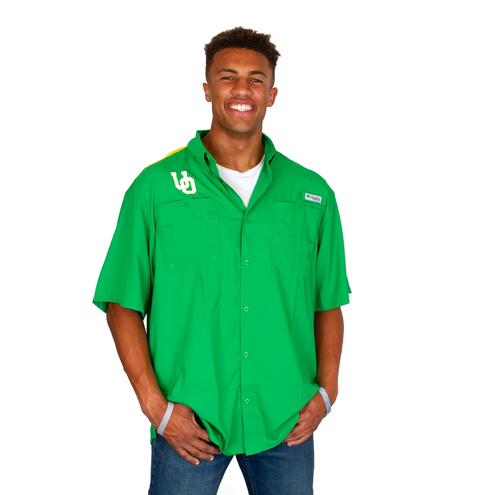 Interlocking UO, Columbia, Green, Button Up/Button Down, Polyester, Men, Tamiami, Color block, Camp, Shirt, 907007